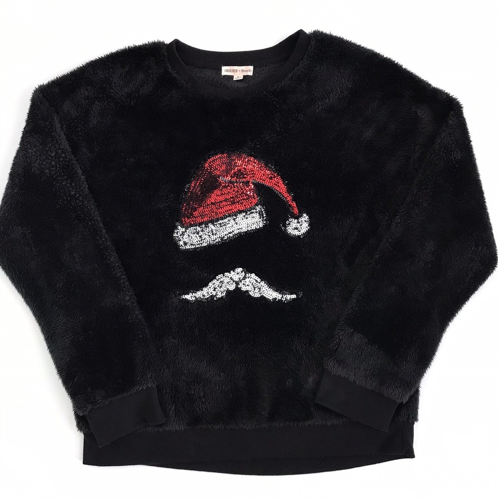 Fuzzy Christmas Sweater Womens L Santa Hat Mustache Sequin Holiday Shirt Black